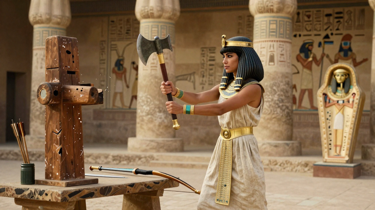 Mulher vestida como faraó egípcio usando machado em treino de armas em templo antigo com hieróglifos.