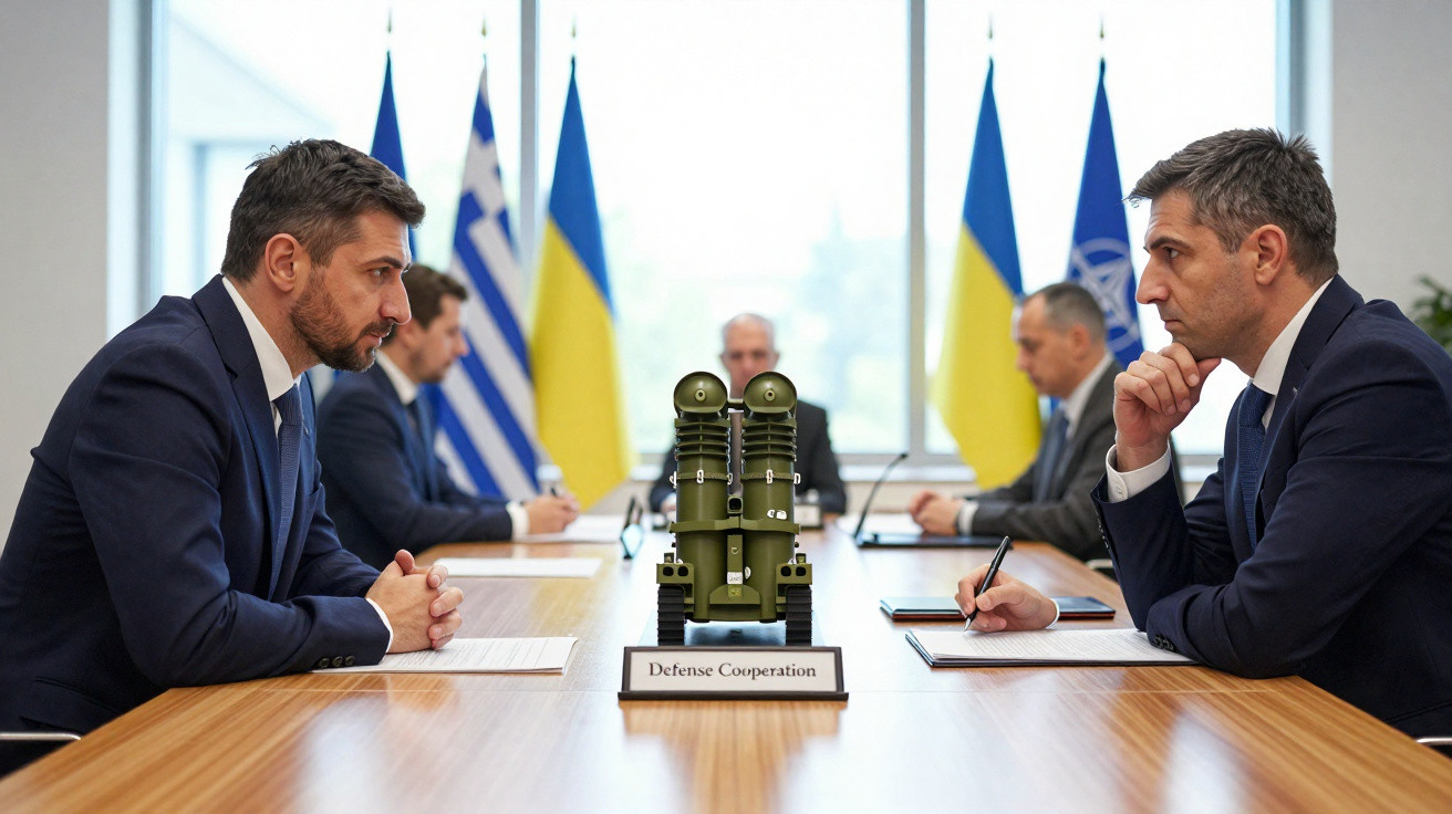 Dois grupos de homens em reunião formal com miniatura de armamento e placa "Defense Cooperation" em mesa de madeira.