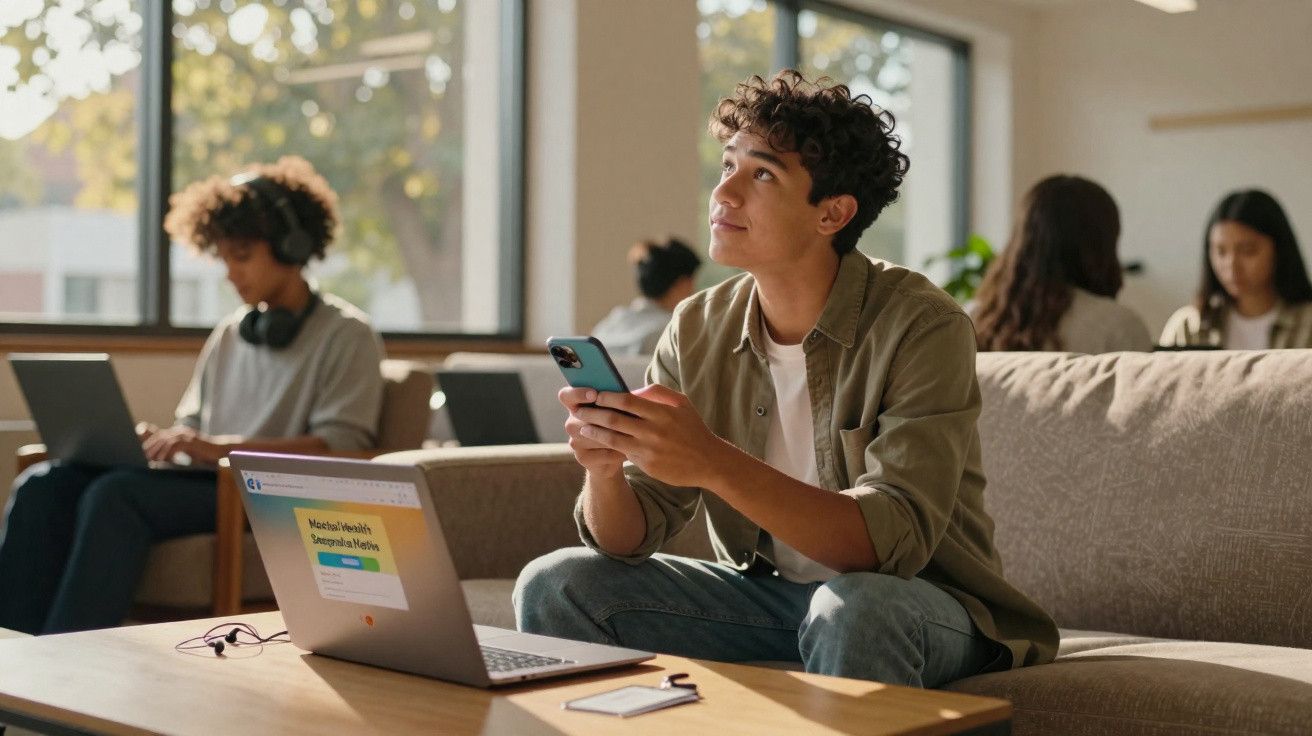 Jovem sentado no sofá usando celular, com notebook aberto em mesa e pessoas ao fundo em ambiente iluminado.