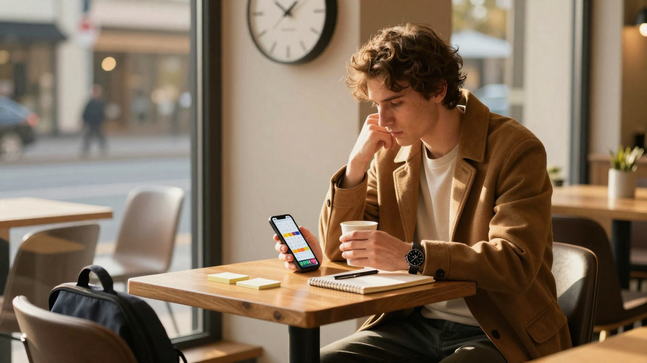 Homem jovem sentado em cafeteria, segurando celular e copo de café, com caderno e post-its na mesa.
