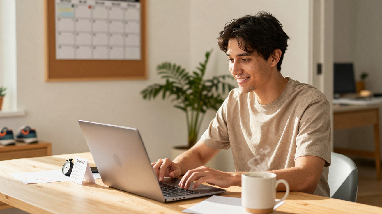 Jovem sorridente sentado à mesa usando laptop com café e calendário na parede ao fundo.