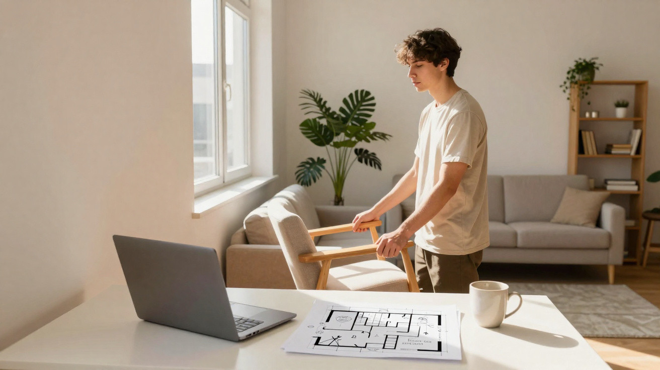 Jovem movimentando cadeira em sala com planta, sofá, mesa com laptop, planta baixa e caneca.