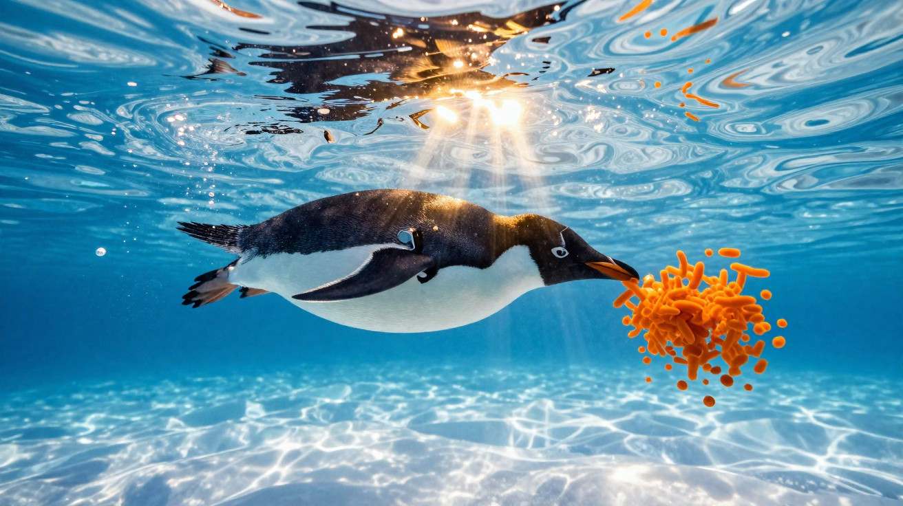 Pinguim nadando debaixo d’água com luz do sol e bolhas laranjas próximas ao bico.