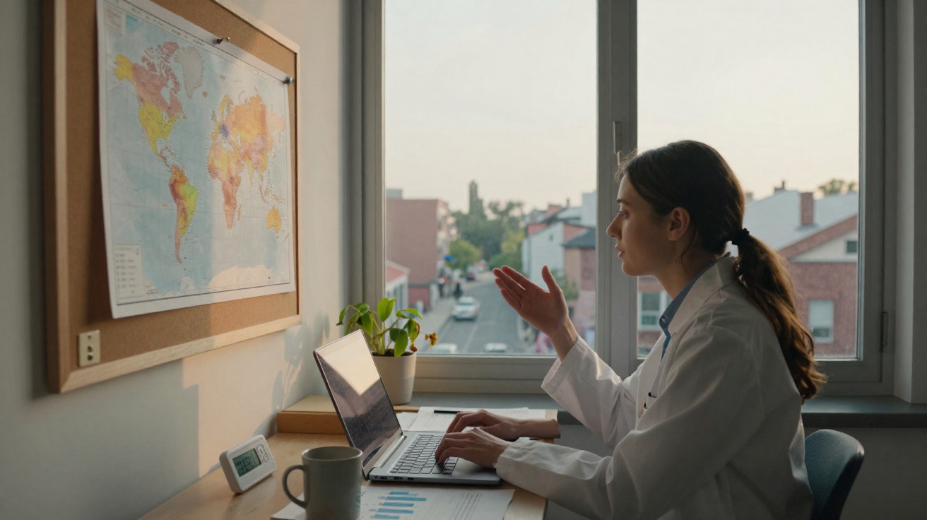 Mulher em jaleco branco videoconferência na mesa com laptop, xícara e mapa-múndi na parede.
