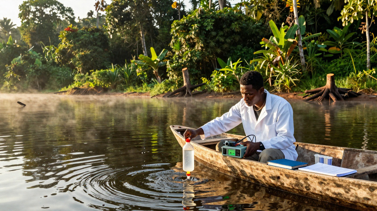 Homem medindo qualidade da água em rio usando equipamento científico em canoa cercada por vegetação densa.