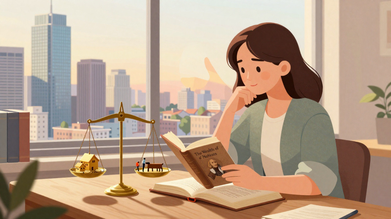 Mulher lendo livro sobre liberdade enquanto balança de justiça com casas e pessoas na mesa ao lado.
