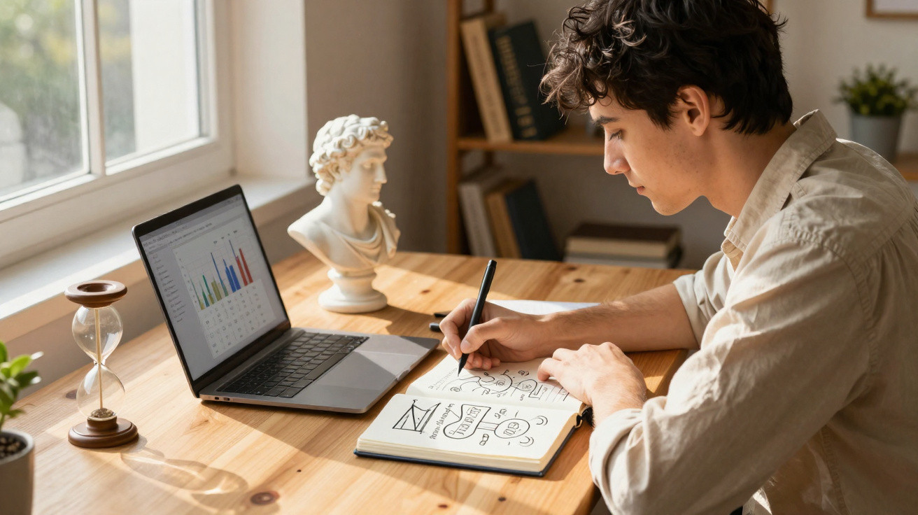 Jovem desenhando em caderno ao lado de laptop com gráficos, estátua e ampulheta sobre mesa de madeira.