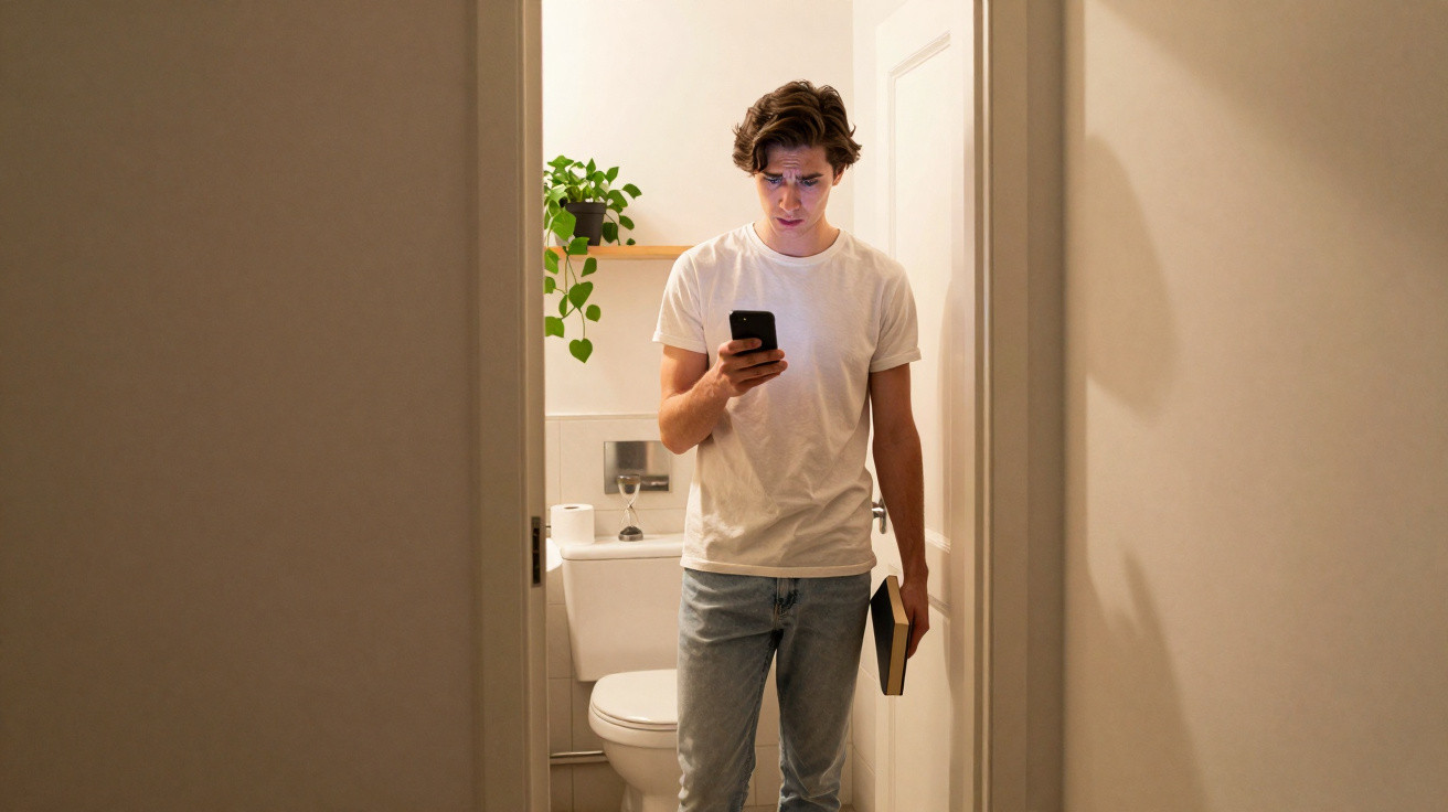 Jovem em banheiro olhando preocupado para o celular segurando um livro na outra mão.
