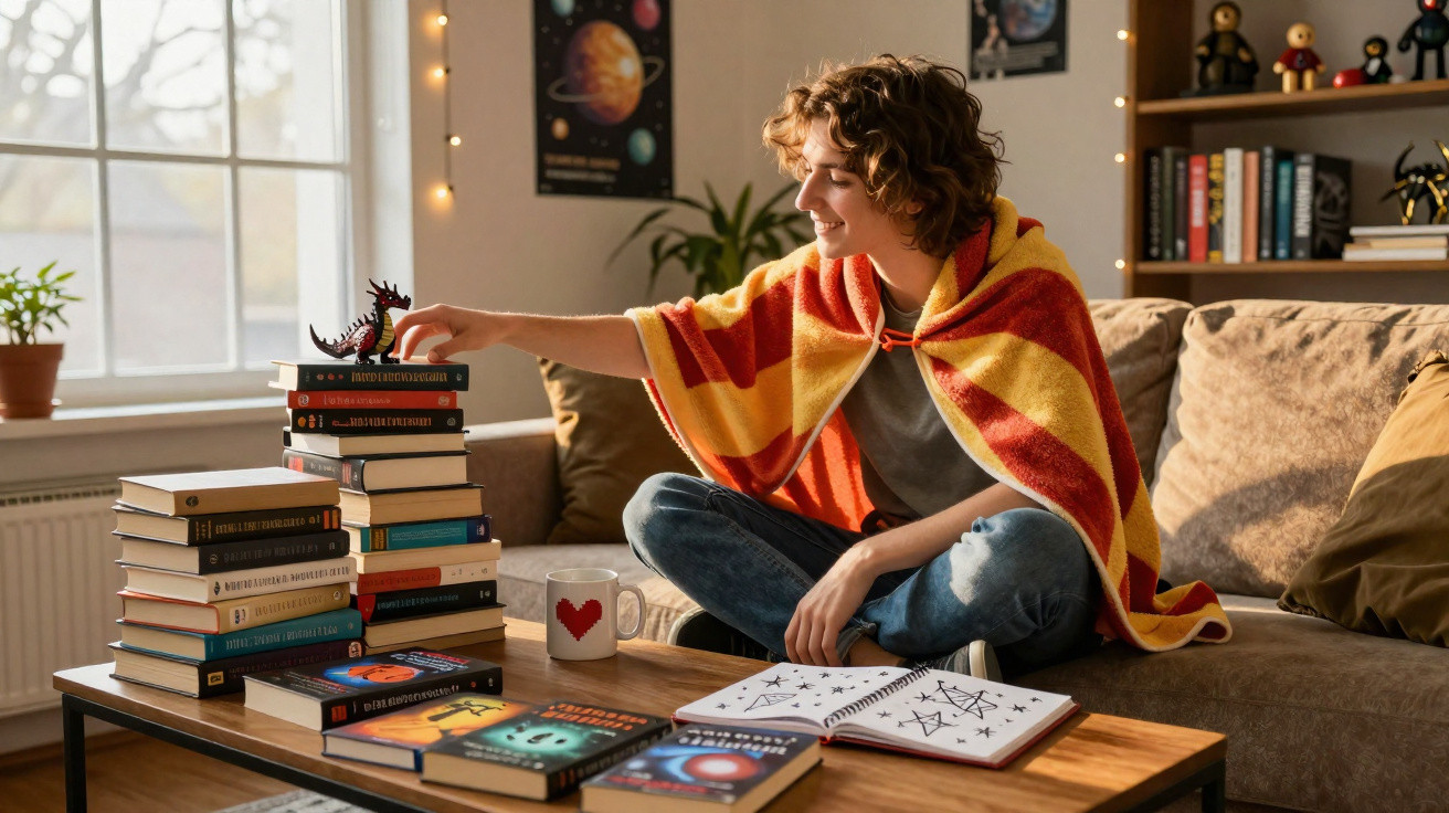 Pessoa jovem com capa listrada vermelha e amarela brinca com dragão sobre pilha de livros em sala iluminada.