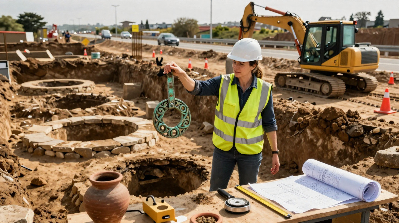 Arqueóloga em obra com capacete e colete, segurando artefato circular em escavação arqueológica.