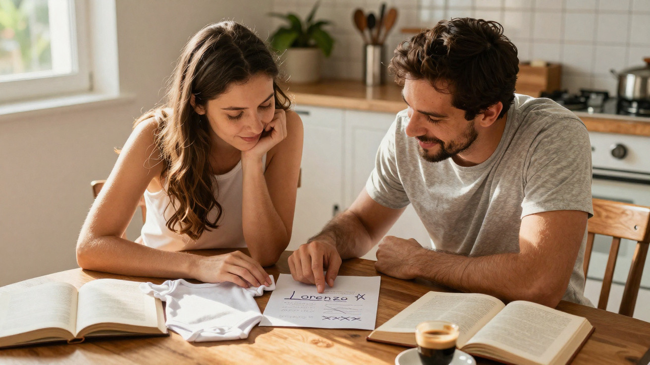 Casal escrevendo cartão ao lado de livro aberto e body de bebê sobre mesa de madeira na cozinha.
