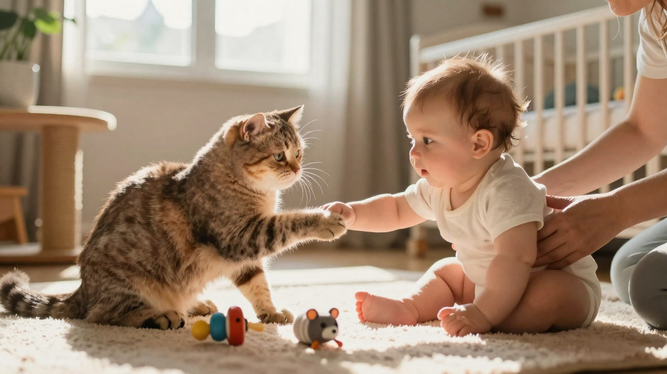 Bebê sentado cumprimentando um gato que estende a pata, ambos em um quarto iluminado.