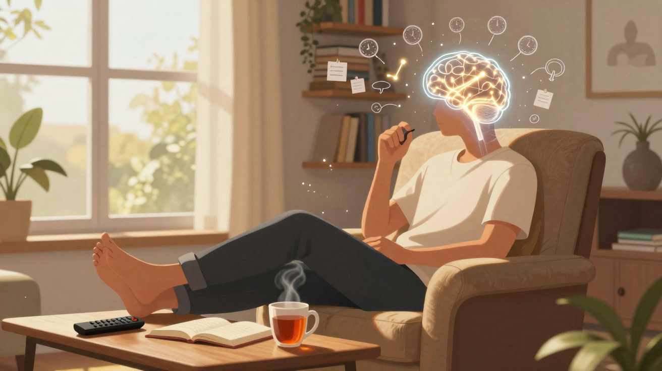 Pessoa pensando profundamente com cérebro iluminado e símbolos, sentada em poltrona com café e livro na mesa.
