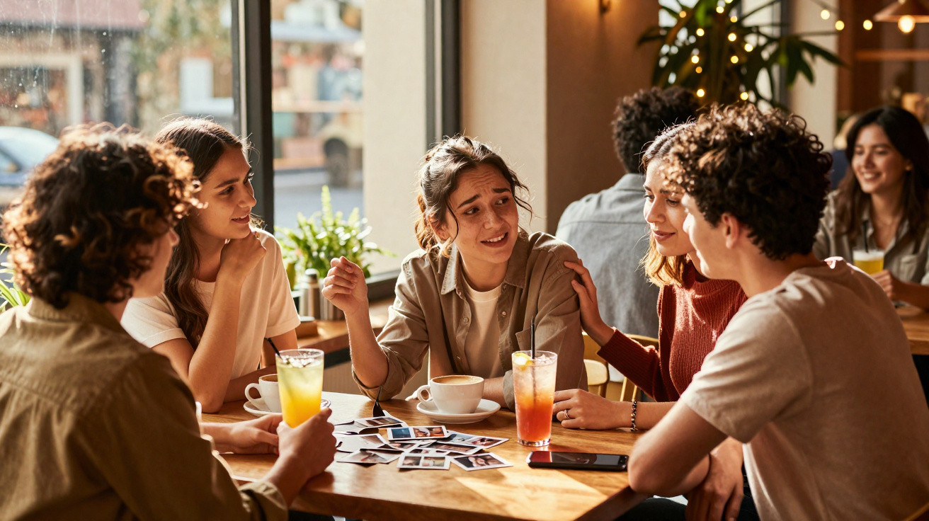Grupo de jovens conversando em mesa de café com bebidas e fotos espalhadas.