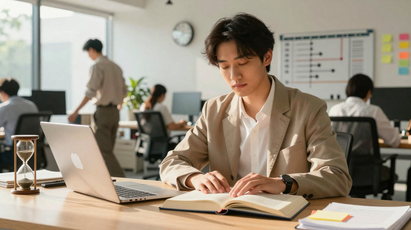 Jovem sentado em escritório moderno lendo livro aberto com laptop e ampulheta na mesa.