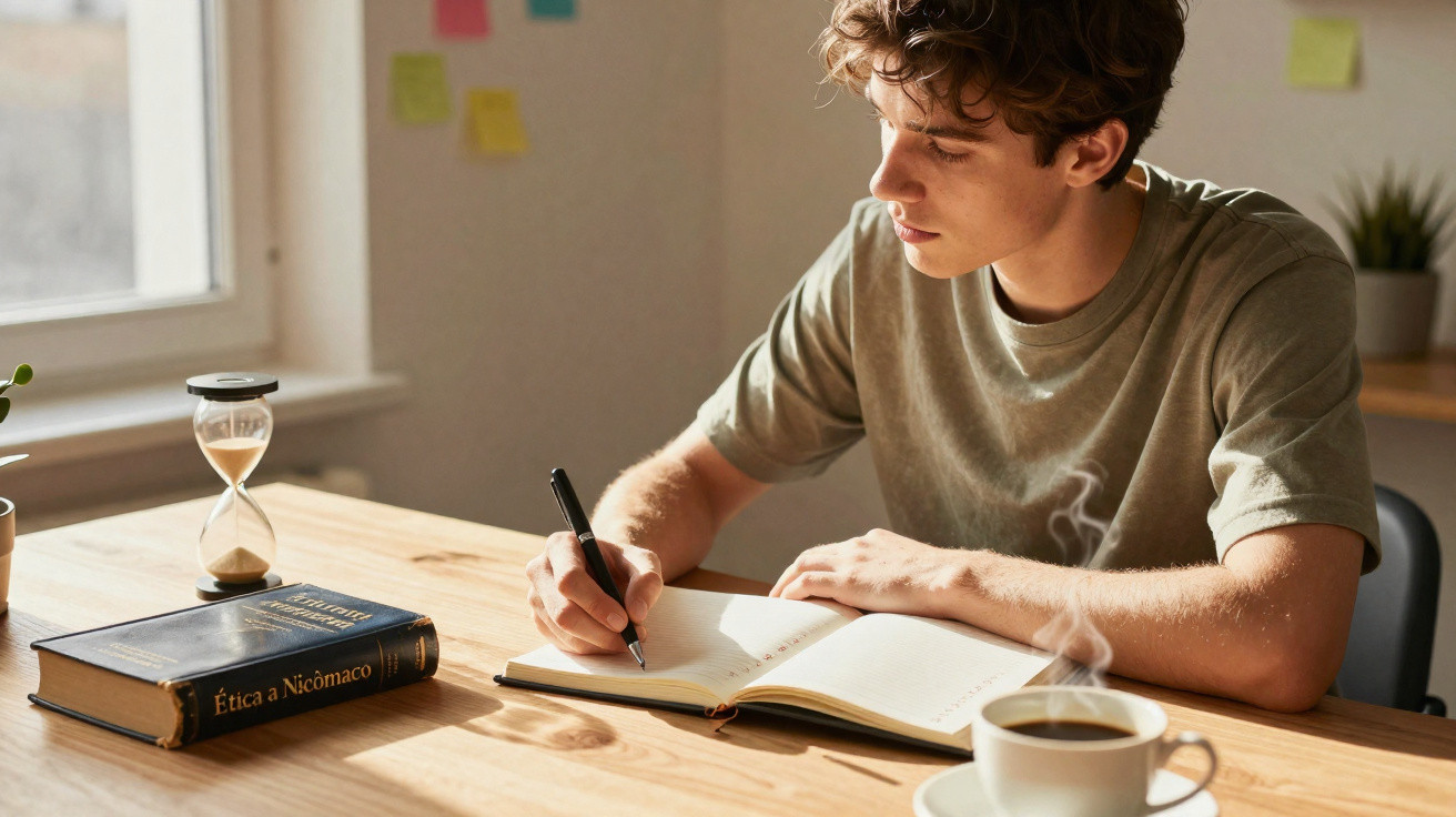 Jovem escrevendo em caderno com livro, ampulheta e xícara de café em mesa iluminada por luz natural.