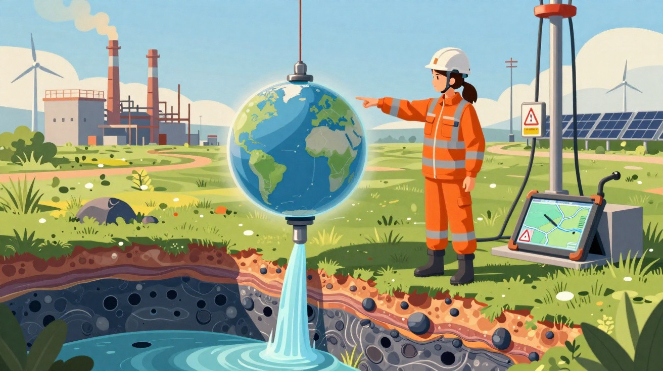 Ilustração de engenheira em campo com globo terrestre, fontes de energia renovável e poluição industrial.