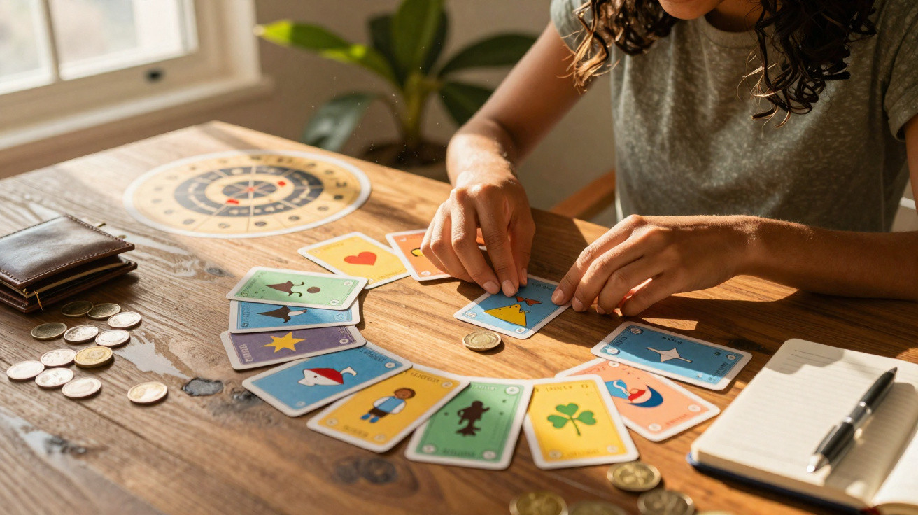 Pessoa organizando cartas de baralho com moedas, caderno e carteira sobre mesa de madeira.