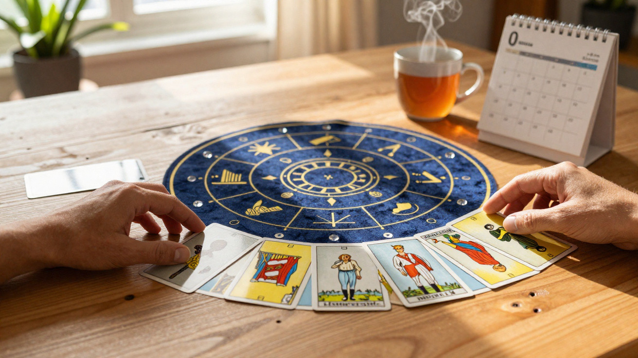 Mãos dispostas sobre mesa com cartas de tarô abertas, tapete astrológico, xícara de chá e calendário.