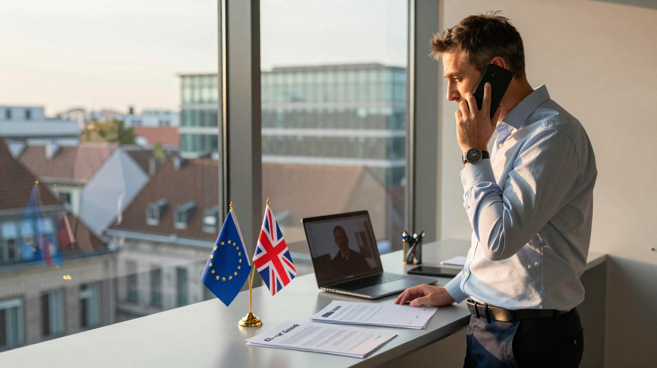 Homem em escritório falando ao telefone com documentos, laptop e bandeiras da União Europeia e do Reino Unido.