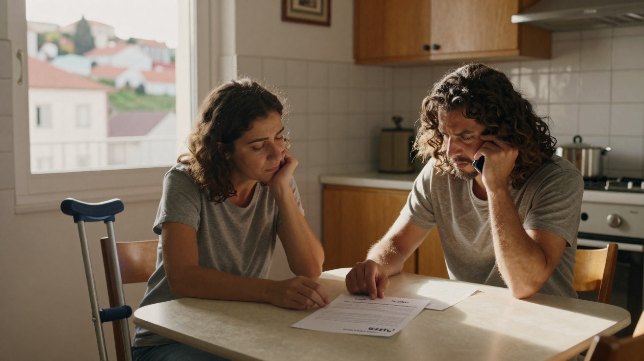Casal preocupado em cozinha, homem ao telefone analisando documentos, mulher com muleta ao lado.