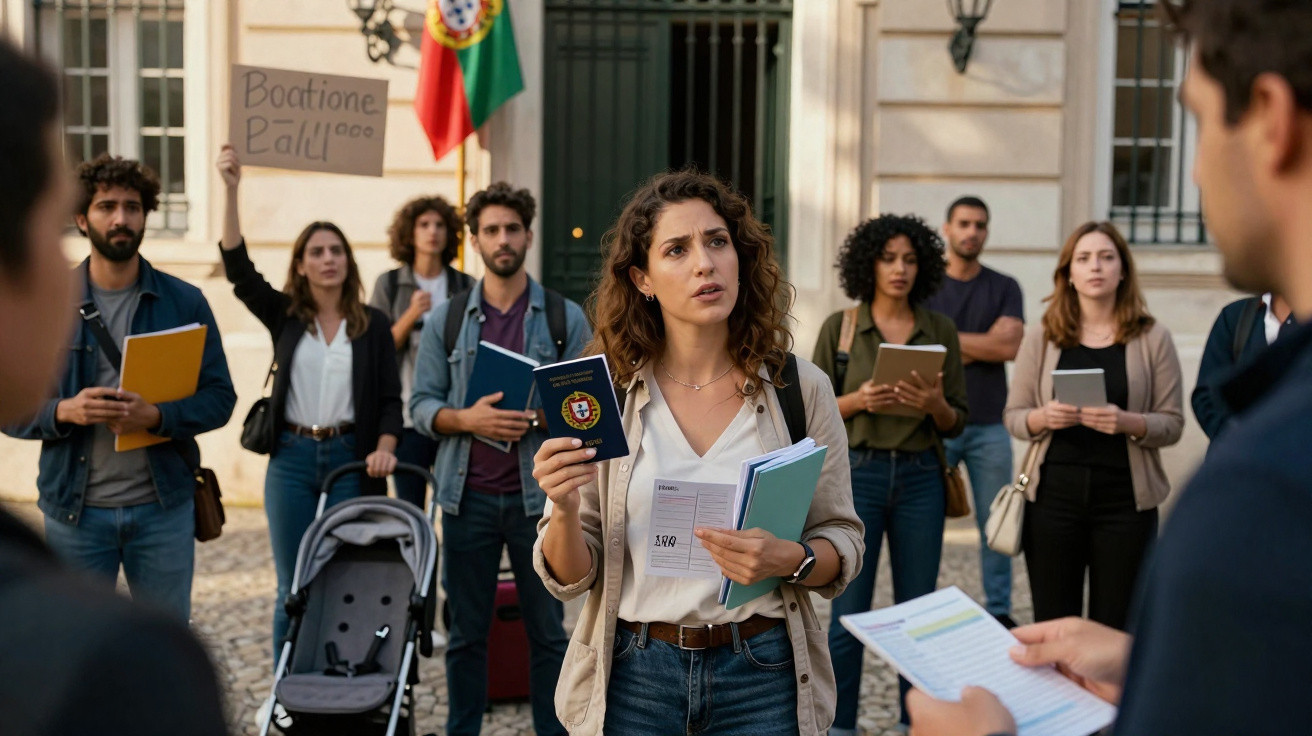 Grupo de pessoas em protesto em frente a prédio público com cartaz e documentos na mão.