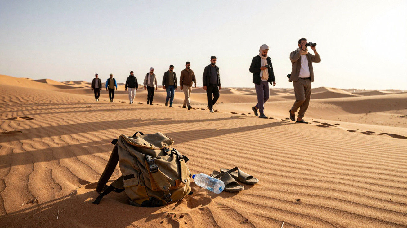 Grupo de pessoas caminhando pelo deserto com mochila, garrafa d'água e sandálias sobre a areia.