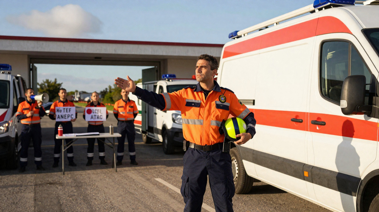 Equipe de emergência vestindo uniforme laranja ao lado de ambulâncias em ambiente externo durante treinamento.