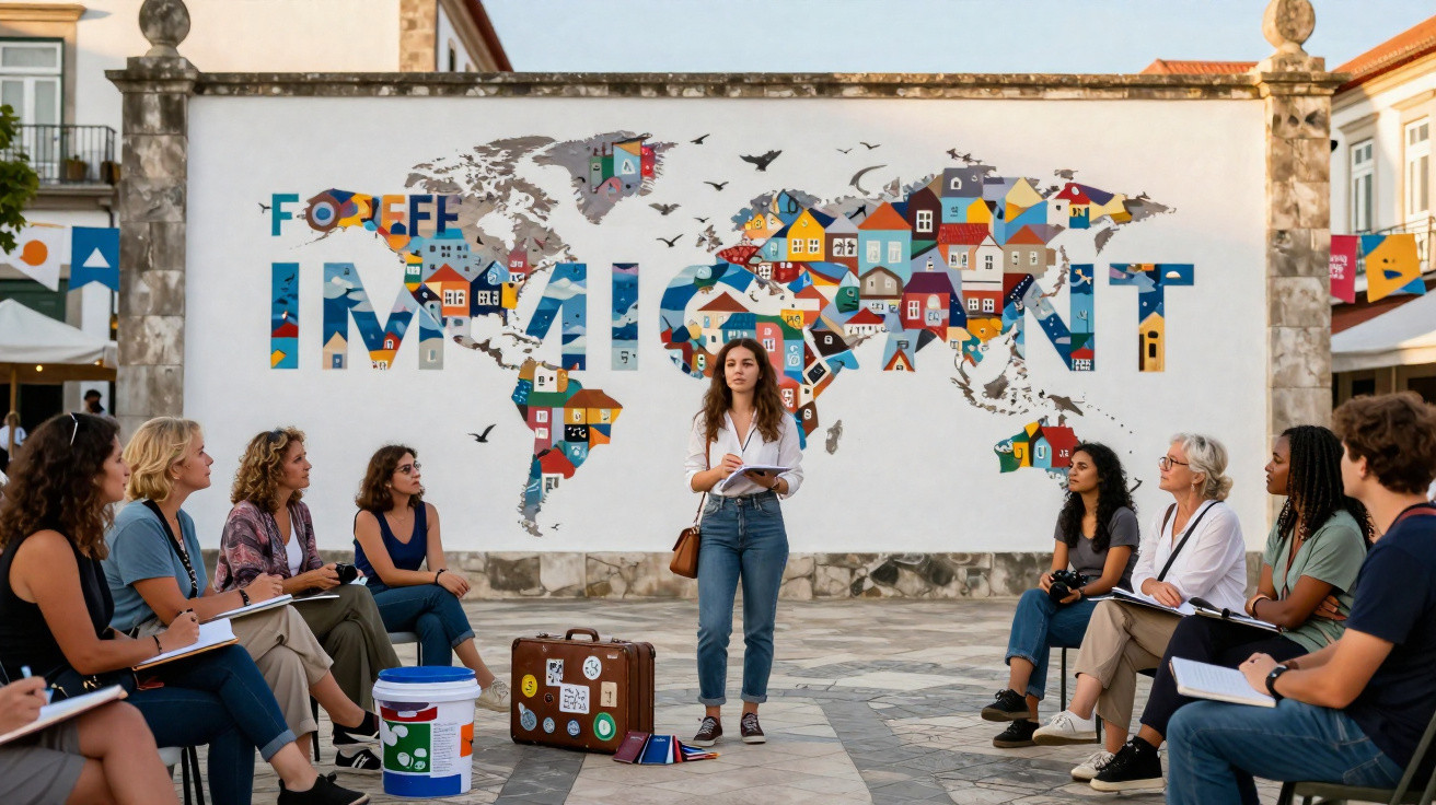 Mulher fala para grupo sentado em círculo diante de mural colorido com mapa-múndi e palavra Immigrant.