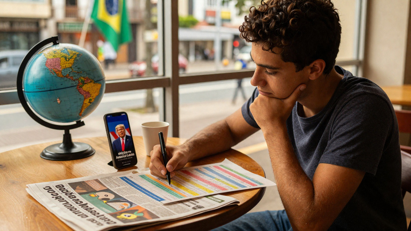 Jovem estudando jornal colorido, com celular mostrando foto de político e globo terrestre na mesa perto da janela.