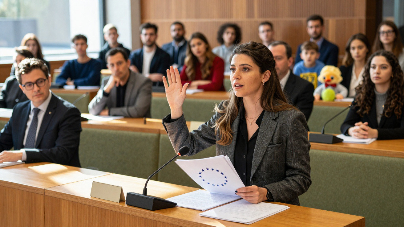 Mulher levantando a mão durante reunião formal com várias pessoas assistindo em ambiente de conferência.