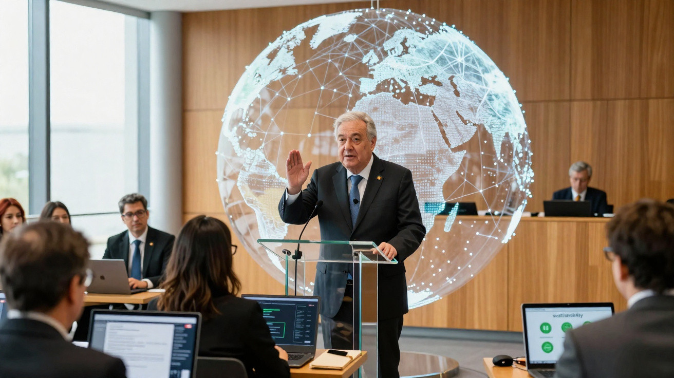 Homem de terno discursando em púlpito com imagem digital de globo terrestre ao fundo em sala de conferência.