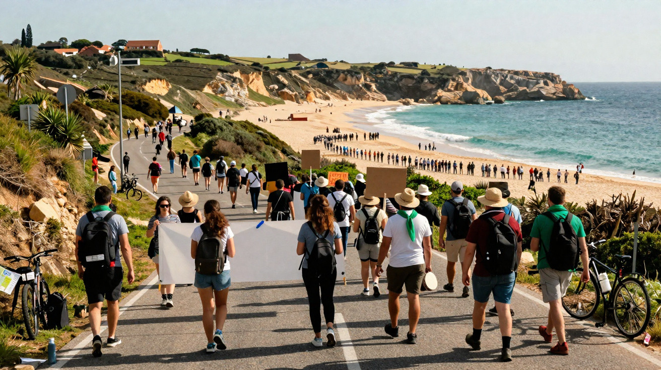Pessoas caminhando em manifestação à beira da praia com falésias e mar ao fundo em dia ensolarado.