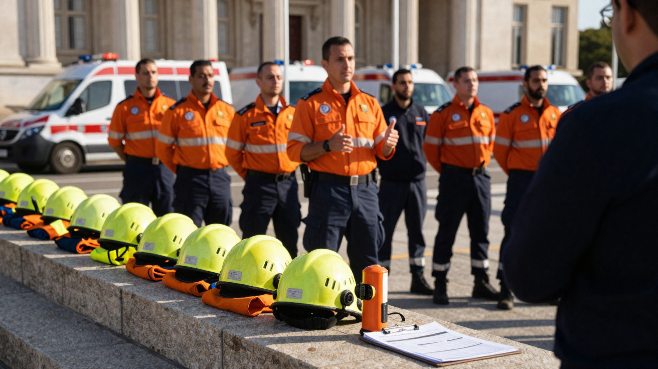 Equipe de socorristas em uniforme laranja em formação, capacetes amarelos alinhados e ambulâncias ao fundo.