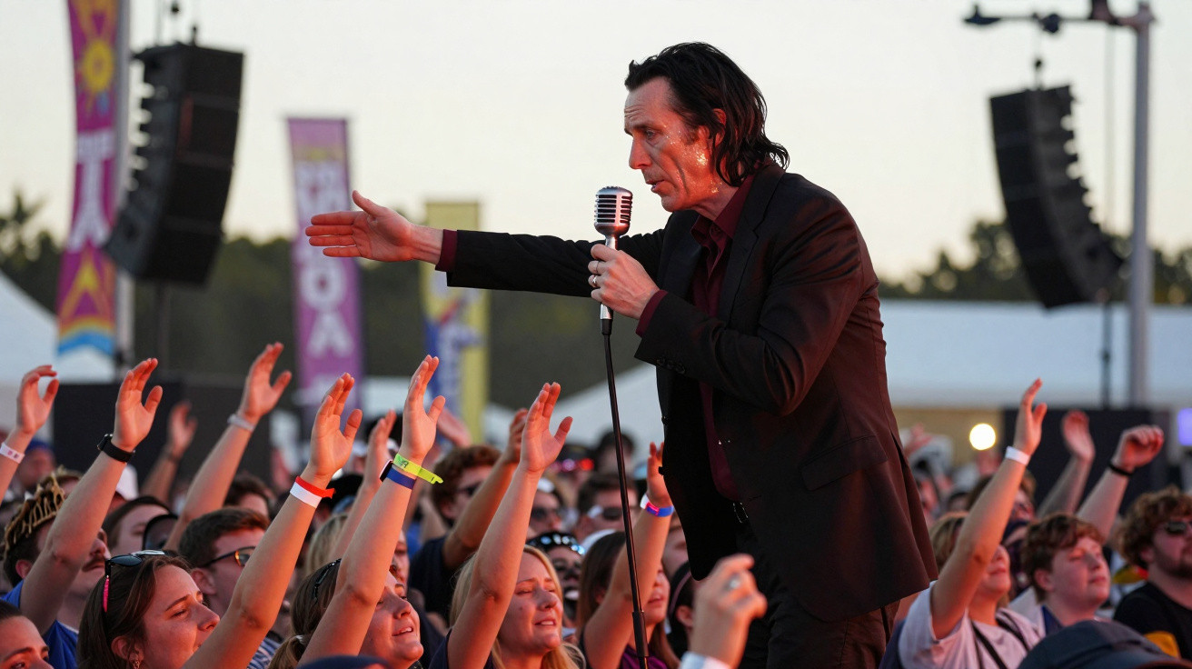 Cantor vestido de preto interage com público animado em show ao ar livre durante o dia.