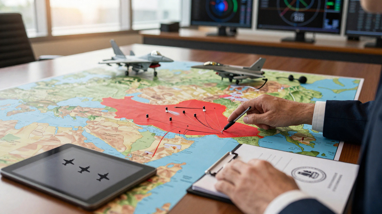 Pessoa analisando mapa estratégico com linhas conectando pontos, aviões de brinquedo e tablet com imagem de aviões.