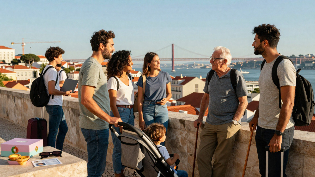 Grupo de pessoas conversando em mirante com vista para cidade e ponte ao fundo.