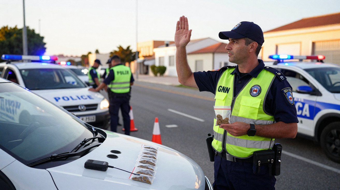 Policial de trânsito interrompe carro branco em blitz, segurando saco com substância e sinalizando com a mão.
