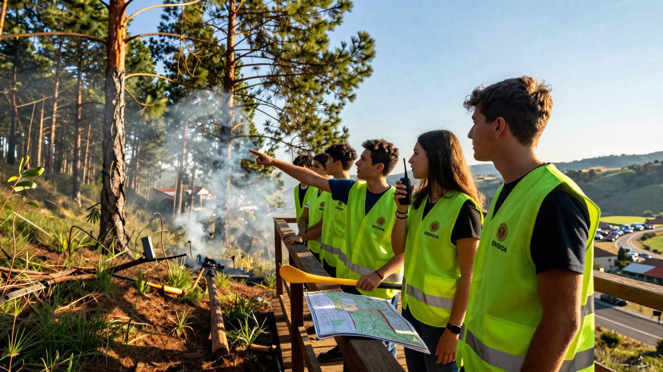 Grupo de jovens com coletes fluorescentes observando fumaça em área de floresta durante treinamento.