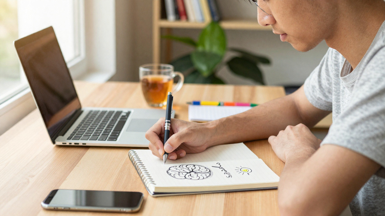 Pessoa desenhando cérebro e luz em caderno, com laptop, celular e chá em mesa de madeira clara.