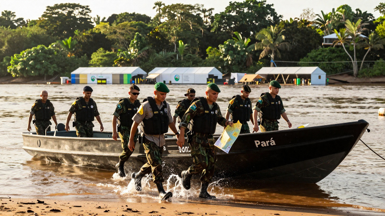 Militares desembarcam de barco na margem de rio com barracas e vegetação ao fundo no Pará.