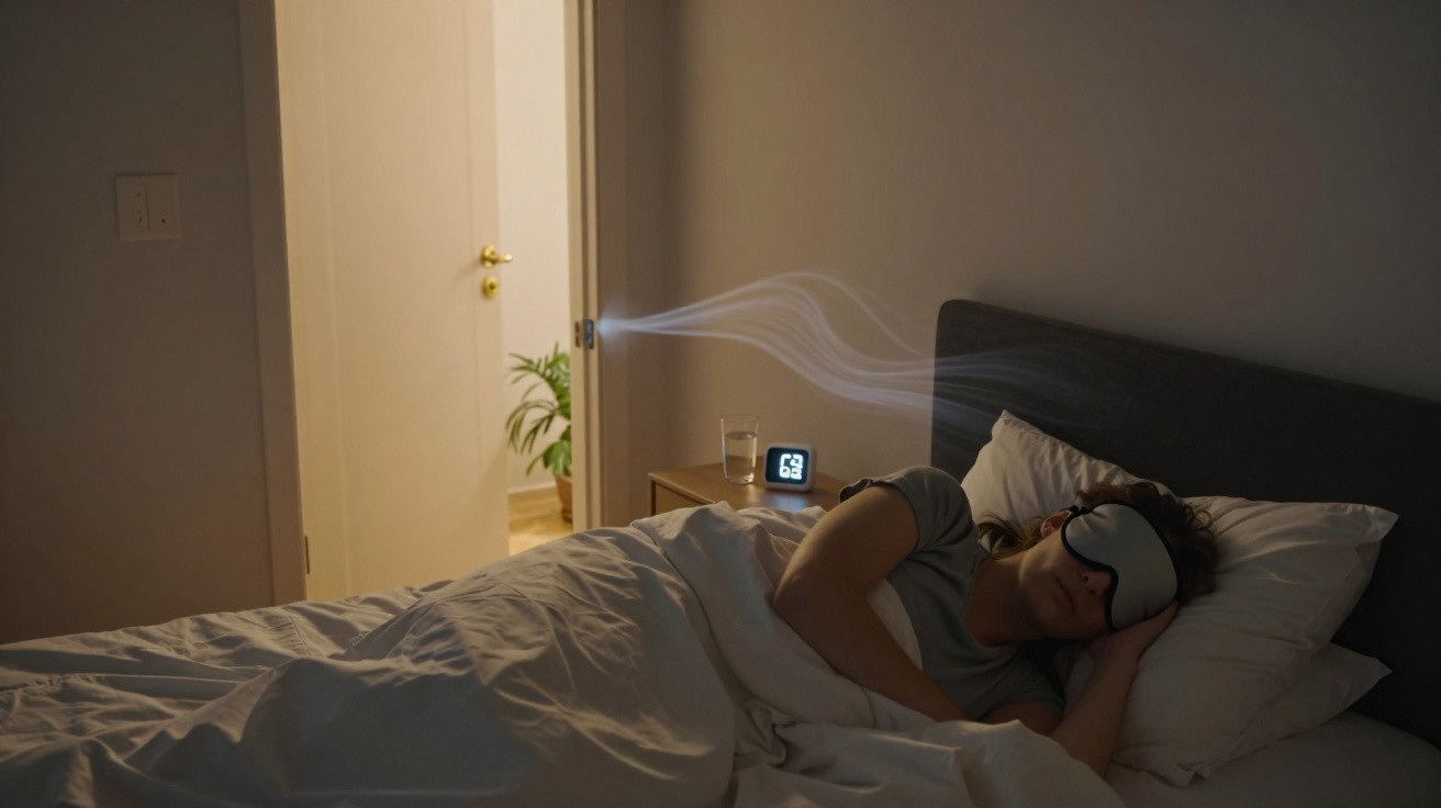 Pessoa dormindo usando máscara, com umidificador portátil ao lado na mesa, emitindo vapor no quarto escuro.