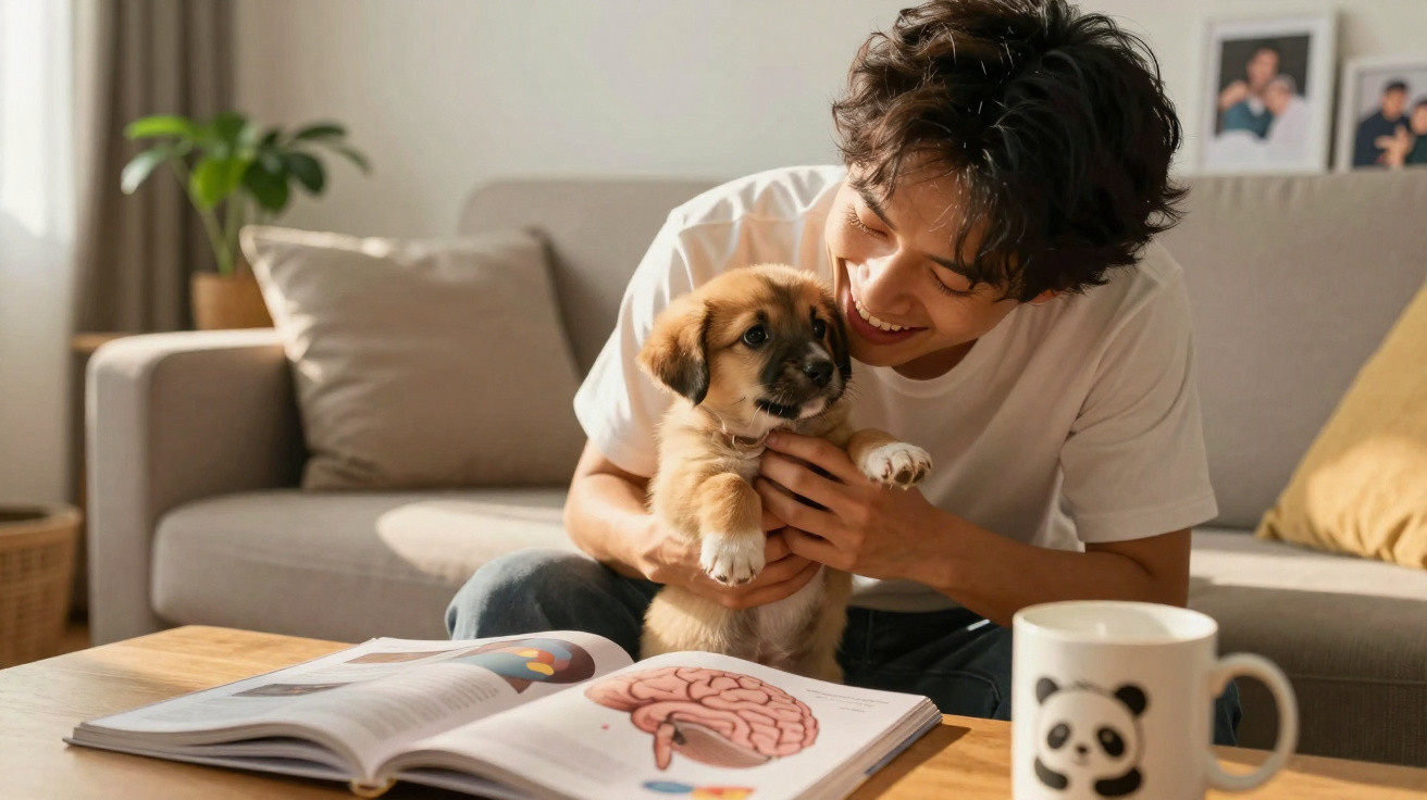 Jovem sorrindo enquanto segura filhote de cachorro sentado no sofá, com livro aberto e caneca na mesa.