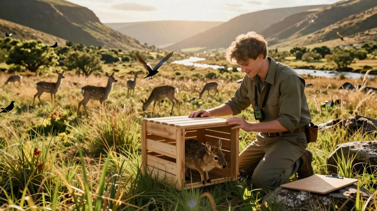 Jovem observador com filhote de animal em caixa de madeira na natureza com cervos e pássaros ao fundo.
