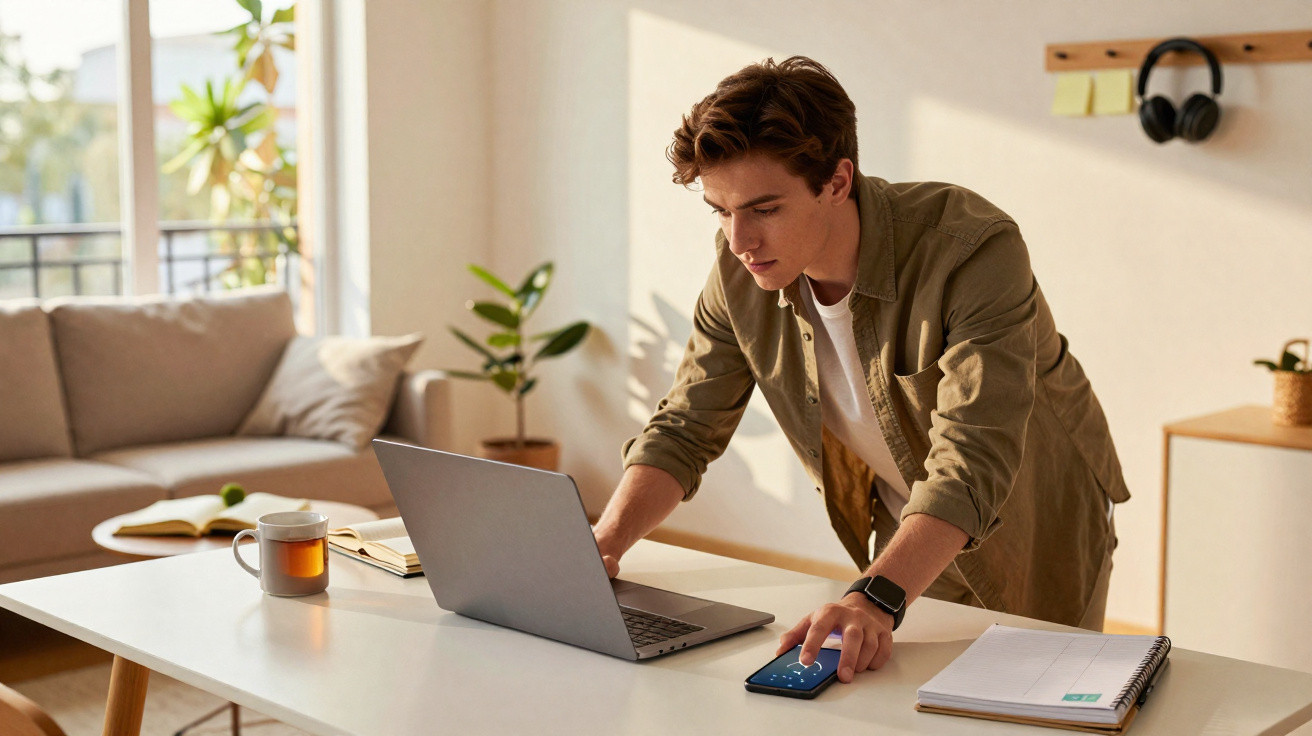 Jovem trabalhando em laptop em mesa com celular, agenda e chá em ambiente claro e organizado.