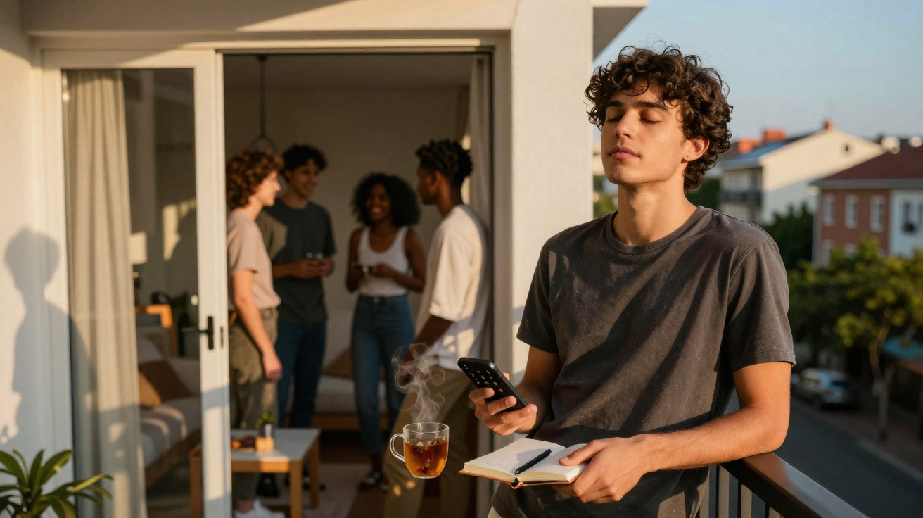 Jovem relaxa com olhos fechados, segurando celular e caderno na varanda enquanto quatro pessoas conversam ao fundo.