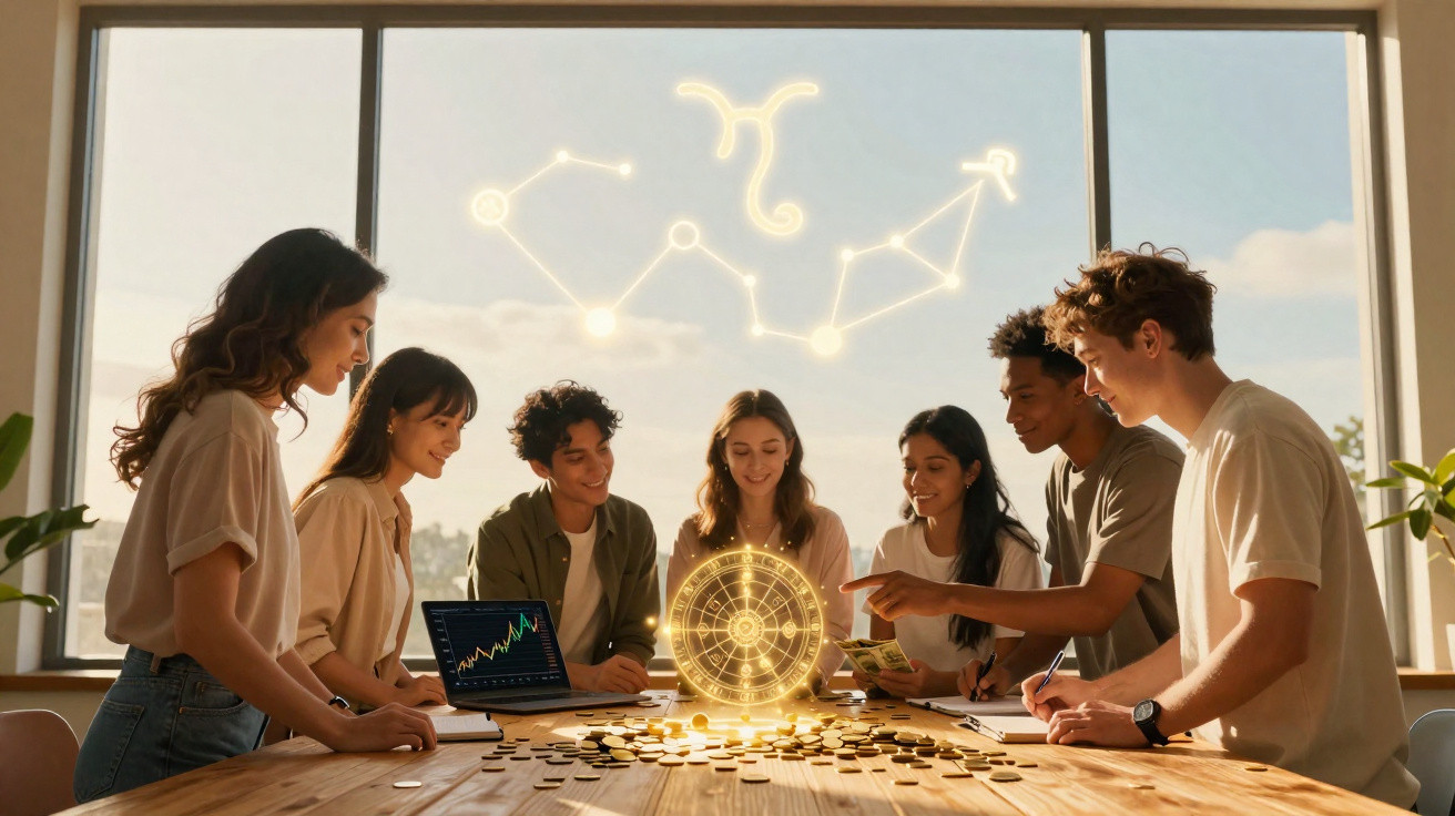 Grupo de jovens reunidos em mesa com holograma de roda zodiacal e moedas douradas em ambiente iluminado.