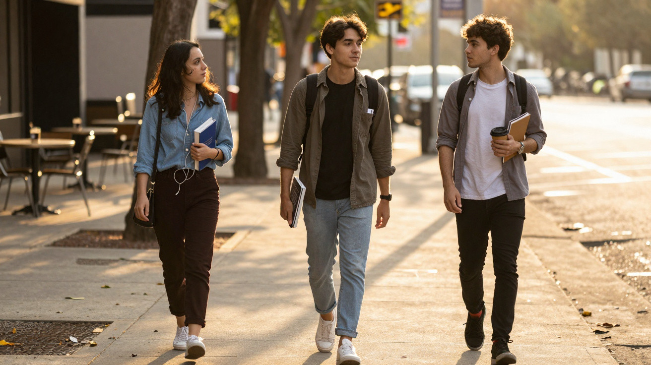 Três jovens estudantes caminhando na calçada ao entardecer, carregando livros e mochilas.