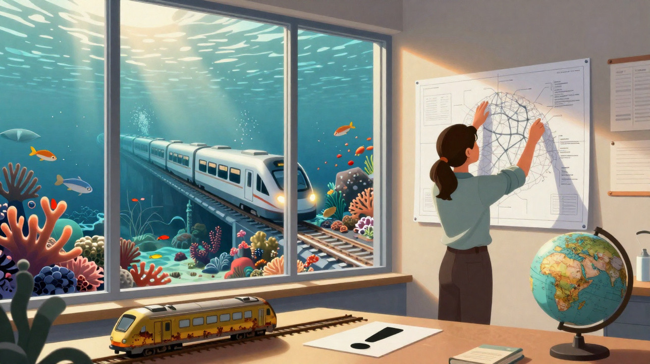 Mulher trabalhando em projeto ferroviário com trem passando por via subaquática cheia de corais e peixes.