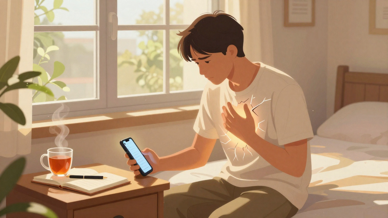 Jovem sentado na cama com expressão preocupada, olhando para o celular e segurando o peito.